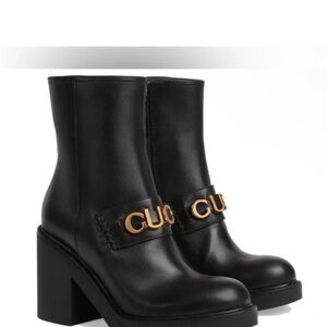 Gucci Black Heeled Boots with Gold Logo